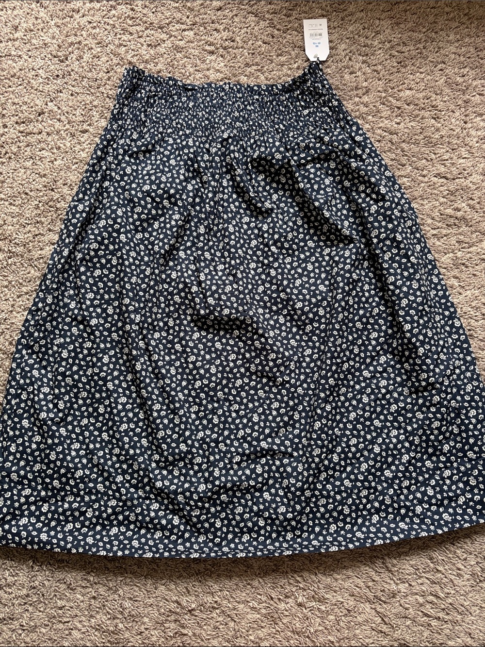 Navy Blue Floral Elastic Waist Midi Skirt